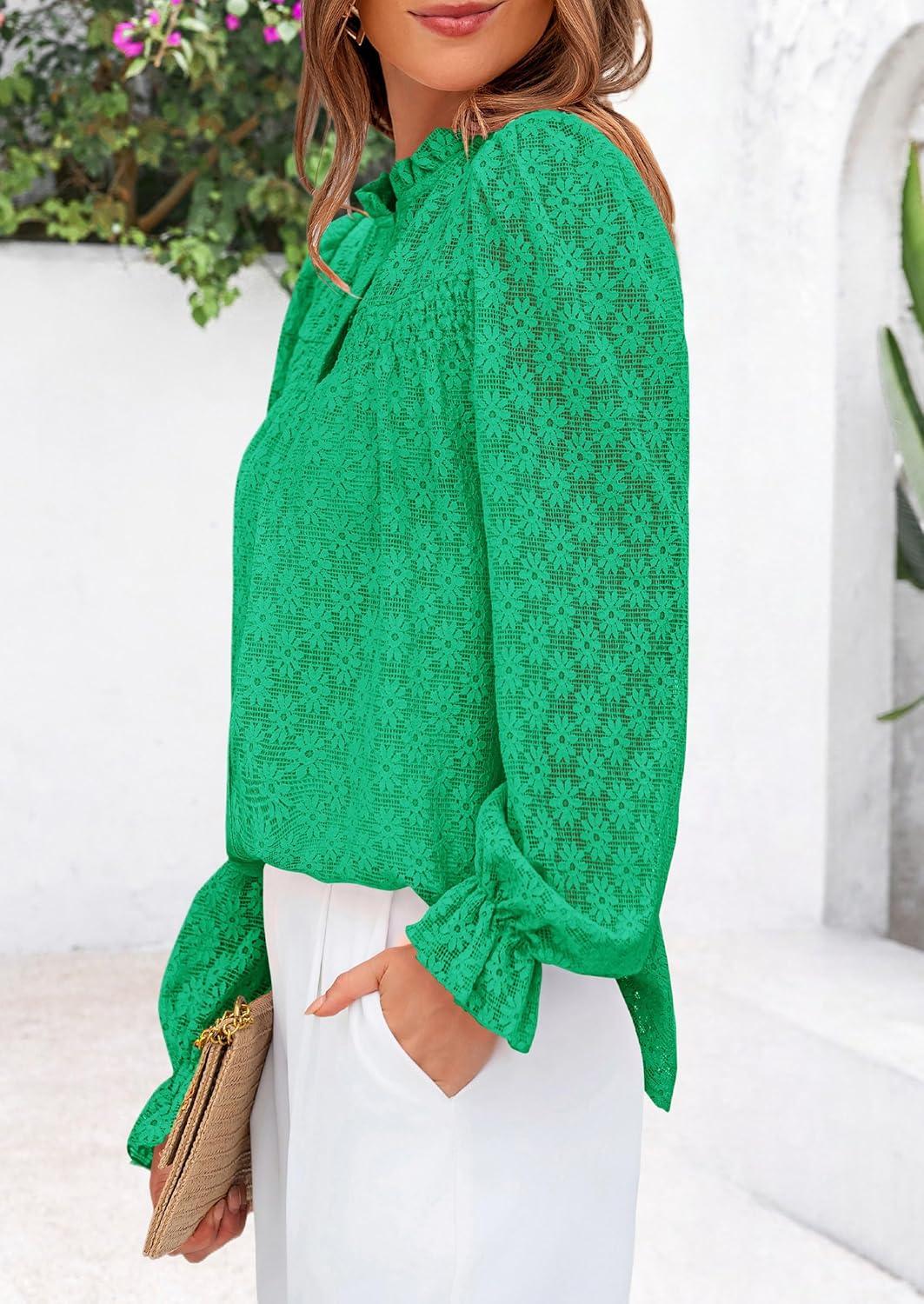 imagePRETTYGARDEN Lace Long Sleeve Shirts Casual Button Down Going Out Tops Hollow Out Eyelet Blouses 2026 Spring Fashion ClothingBright GreenMedium