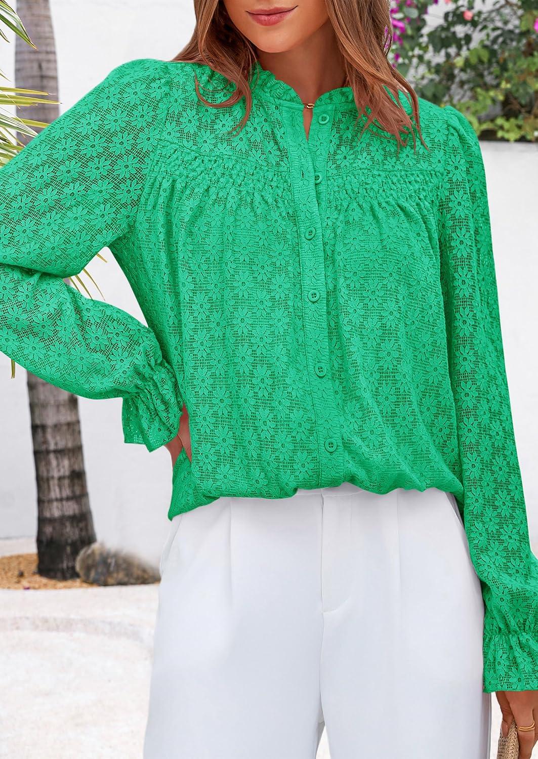 imagePRETTYGARDEN Lace Long Sleeve Shirts Casual Button Down Going Out Tops Hollow Out Eyelet Blouses 2026 Spring Fashion ClothingBright GreenMedium