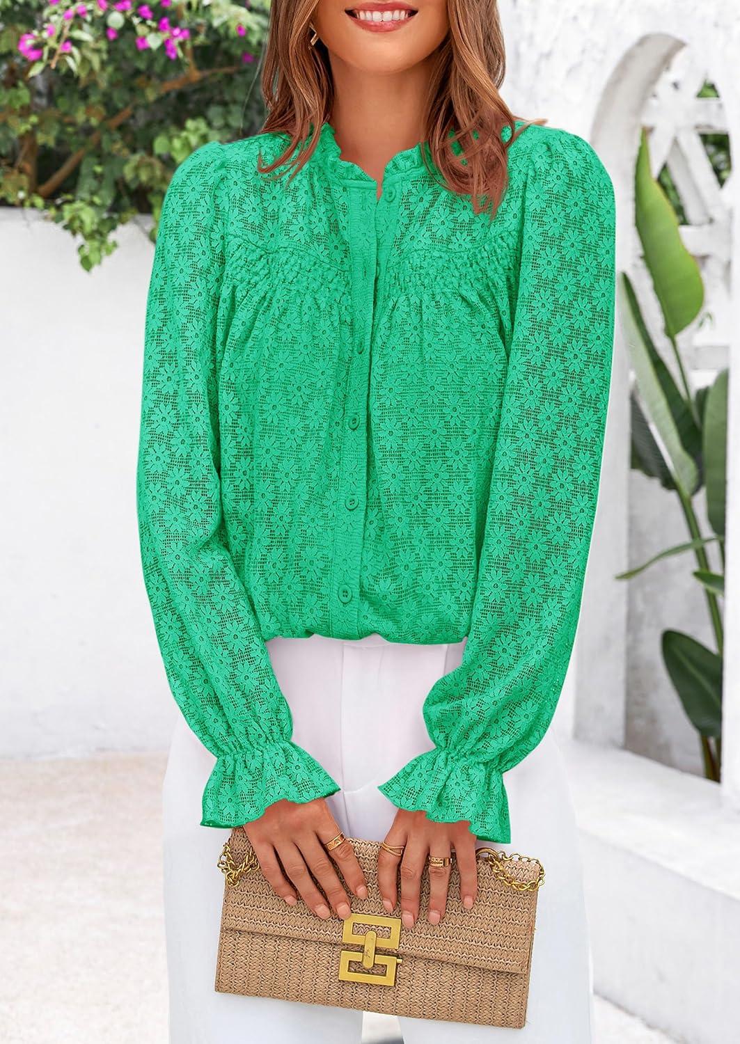 imagePRETTYGARDEN Lace Long Sleeve Shirts Casual Button Down Going Out Tops Hollow Out Eyelet Blouses 2026 Spring Fashion ClothingBright GreenMedium