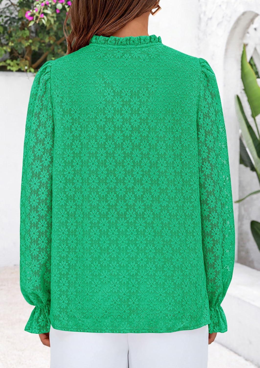 imagePRETTYGARDEN Lace Long Sleeve Shirts Casual Button Down Going Out Tops Hollow Out Eyelet Blouses 2026 Spring Fashion ClothingBright GreenMedium