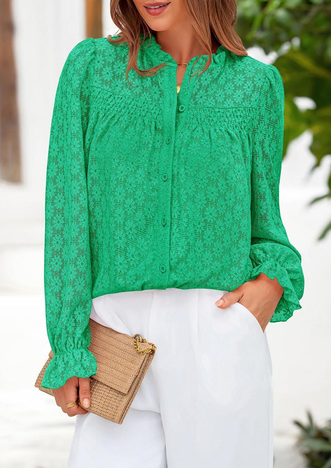 imagePRETTYGARDEN Lace Long Sleeve Shirts Casual Button Down Going Out Tops Hollow Out Eyelet Blouses 2026 Spring Fashion ClothingBright GreenMedium