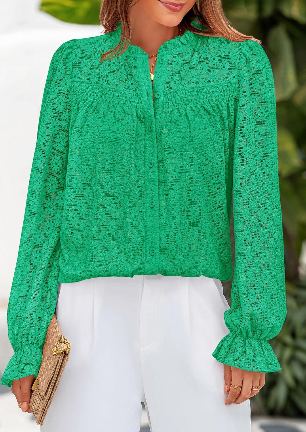 imagePRETTYGARDEN Lace Long Sleeve Shirts Casual Button Down Going Out Tops Hollow Out Eyelet Blouses 2026 Spring Fashion ClothingBright GreenMedium