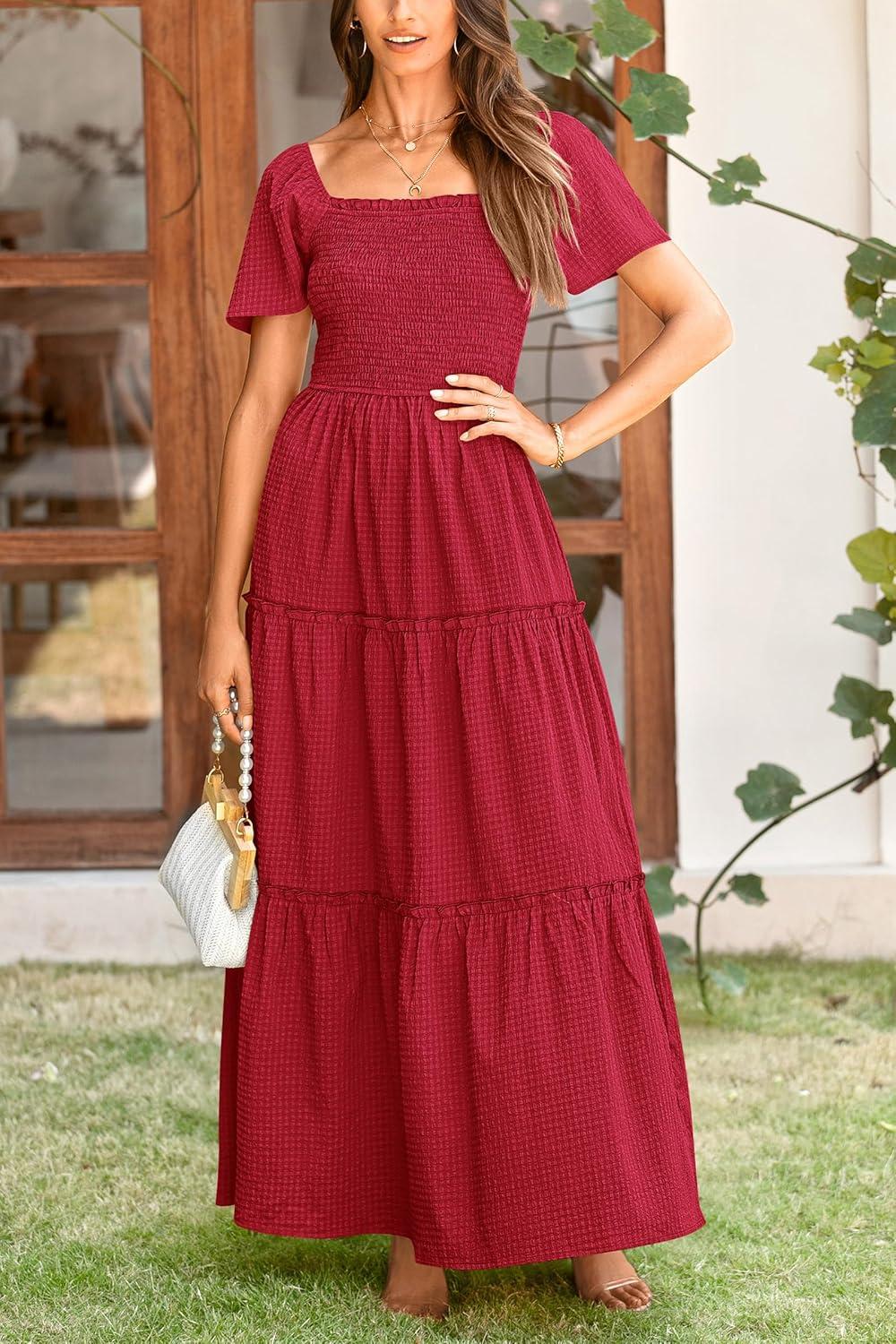 imagePRETTYGARDEN Summer Maxi Dress for Women Short Sleeve Square Neck Smocked Tiered Ruffle Long Swing Boho Dresses with Pockets RedMedium