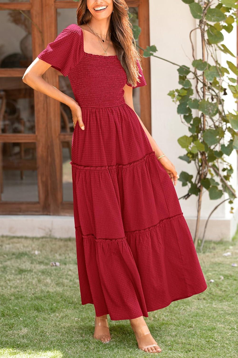 imagePRETTYGARDEN Summer Maxi Dress for Women Short Sleeve Square Neck Smocked Tiered Ruffle Long Swing Boho Dresses with Pockets RedMedium
