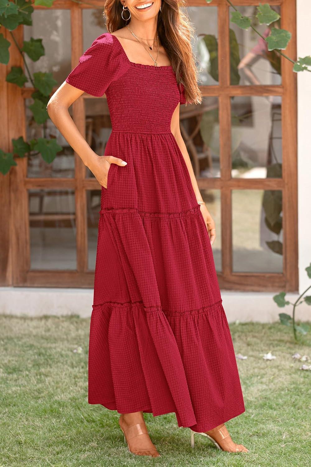 imagePRETTYGARDEN Summer Maxi Dress for Women Short Sleeve Square Neck Smocked Tiered Ruffle Long Swing Boho Dresses with Pockets RedMedium
