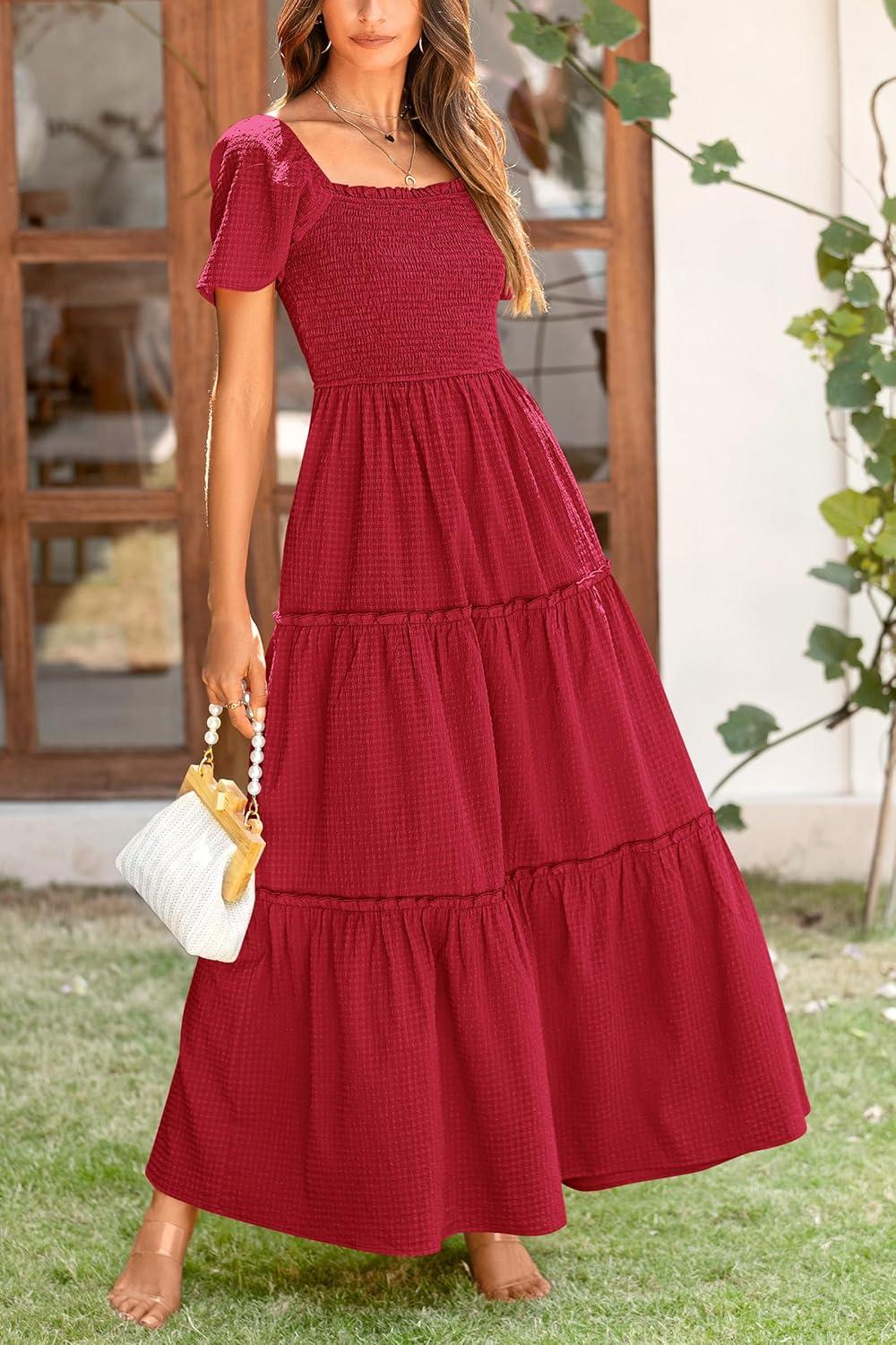 imagePRETTYGARDEN Summer Maxi Dress for Women Short Sleeve Square Neck Smocked Tiered Ruffle Long Swing Boho Dresses with Pockets RedMedium