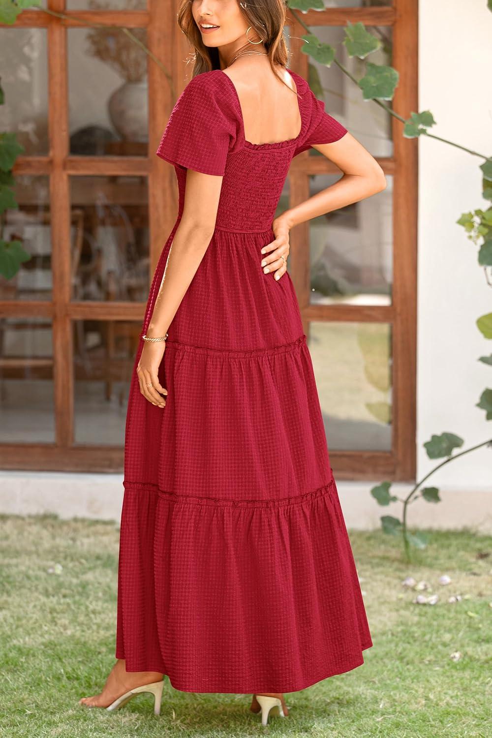 imagePRETTYGARDEN Summer Maxi Dress for Women Short Sleeve Square Neck Smocked Tiered Ruffle Long Swing Boho Dresses with Pockets RedMedium