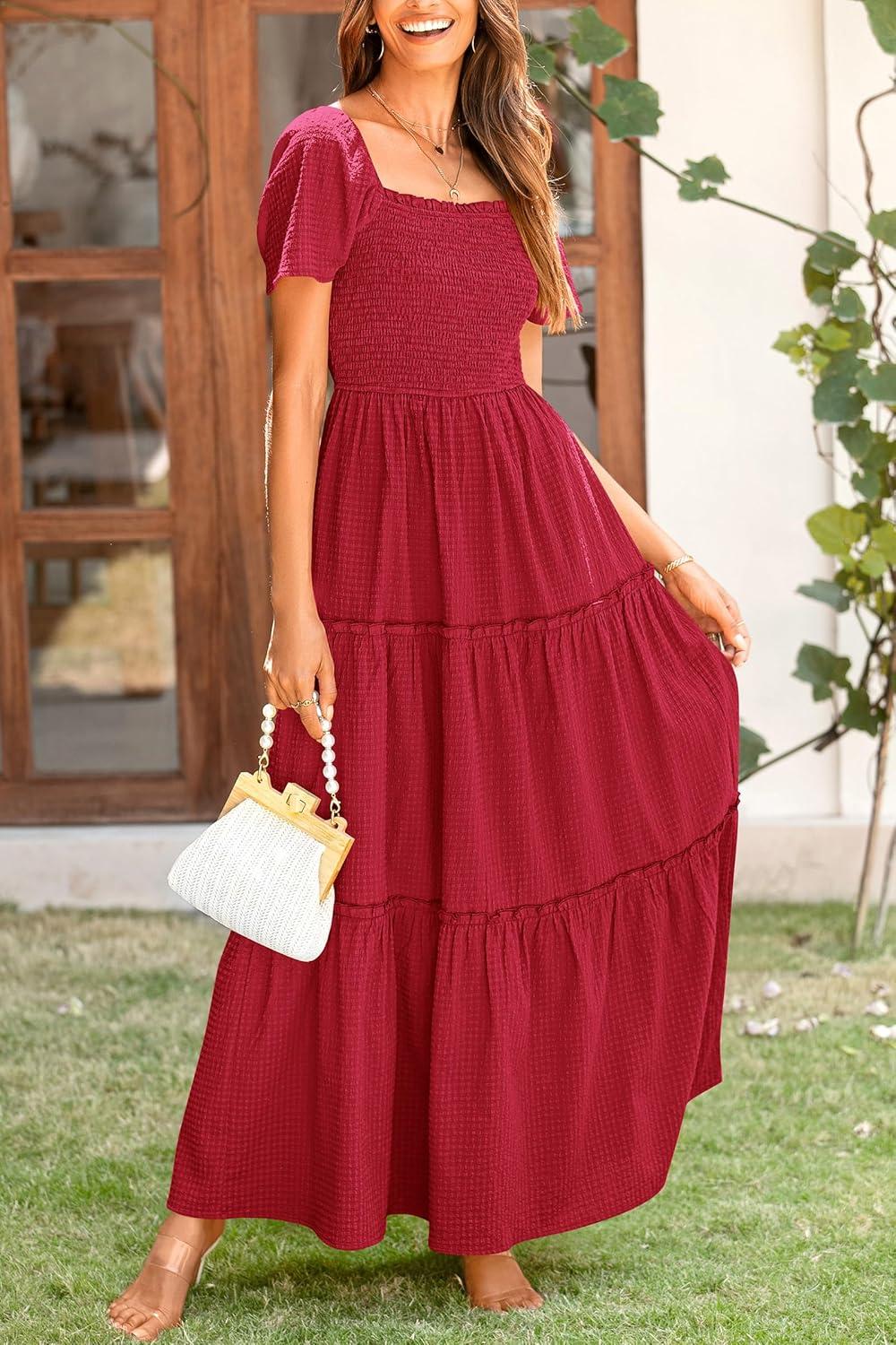 imagePRETTYGARDEN Summer Maxi Dress for Women Short Sleeve Square Neck Smocked Tiered Ruffle Long Swing Boho Dresses with Pockets RedMedium