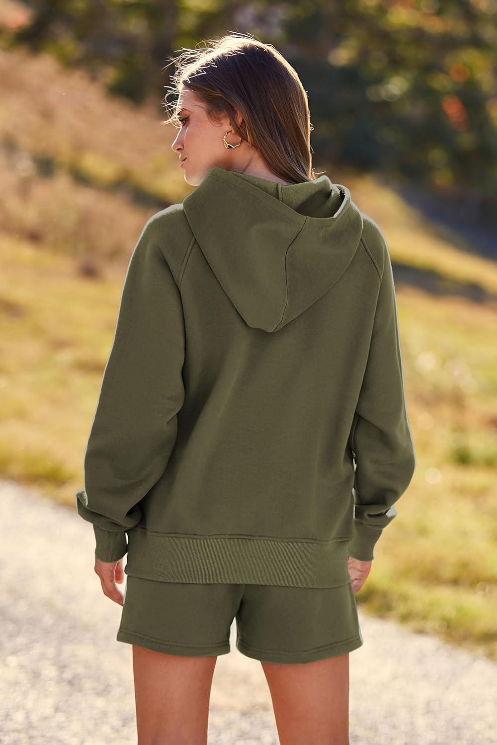 imagePRETTYGARDEN Womens 2024 Fall Fashion Clothes Hoodie Sweatshirt And Lounge Shorts Tracksuit Sets Outfits Army GreenLarge