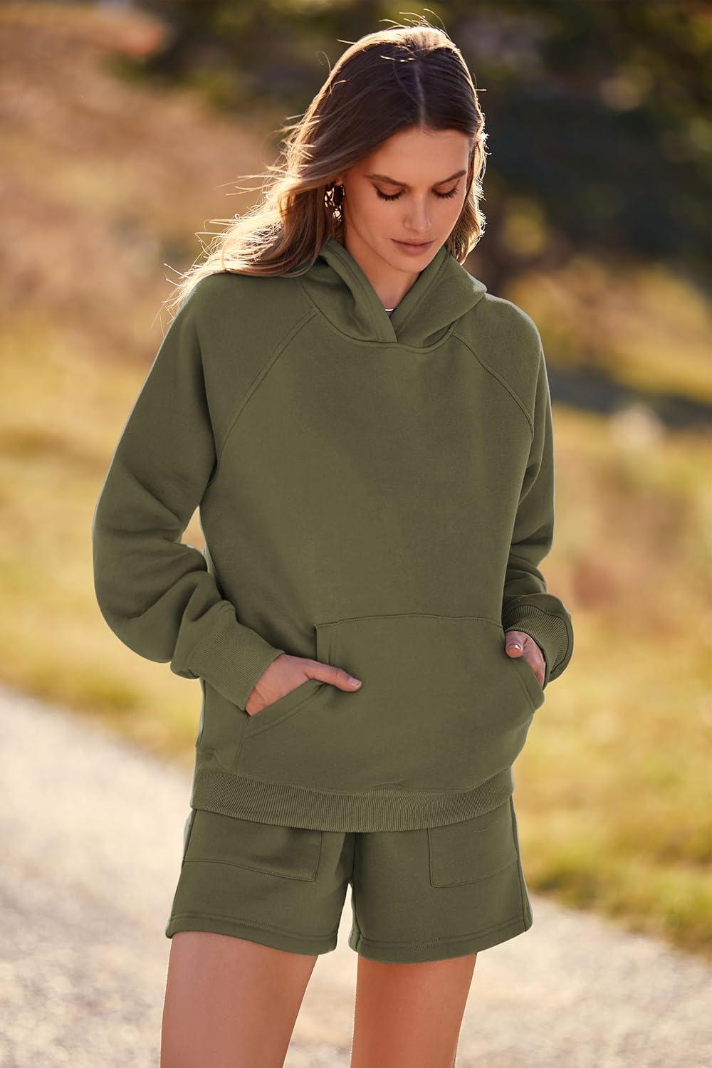 imagePRETTYGARDEN Womens 2024 Fall Fashion Clothes Hoodie Sweatshirt And Lounge Shorts Tracksuit Sets Outfits Army GreenLarge