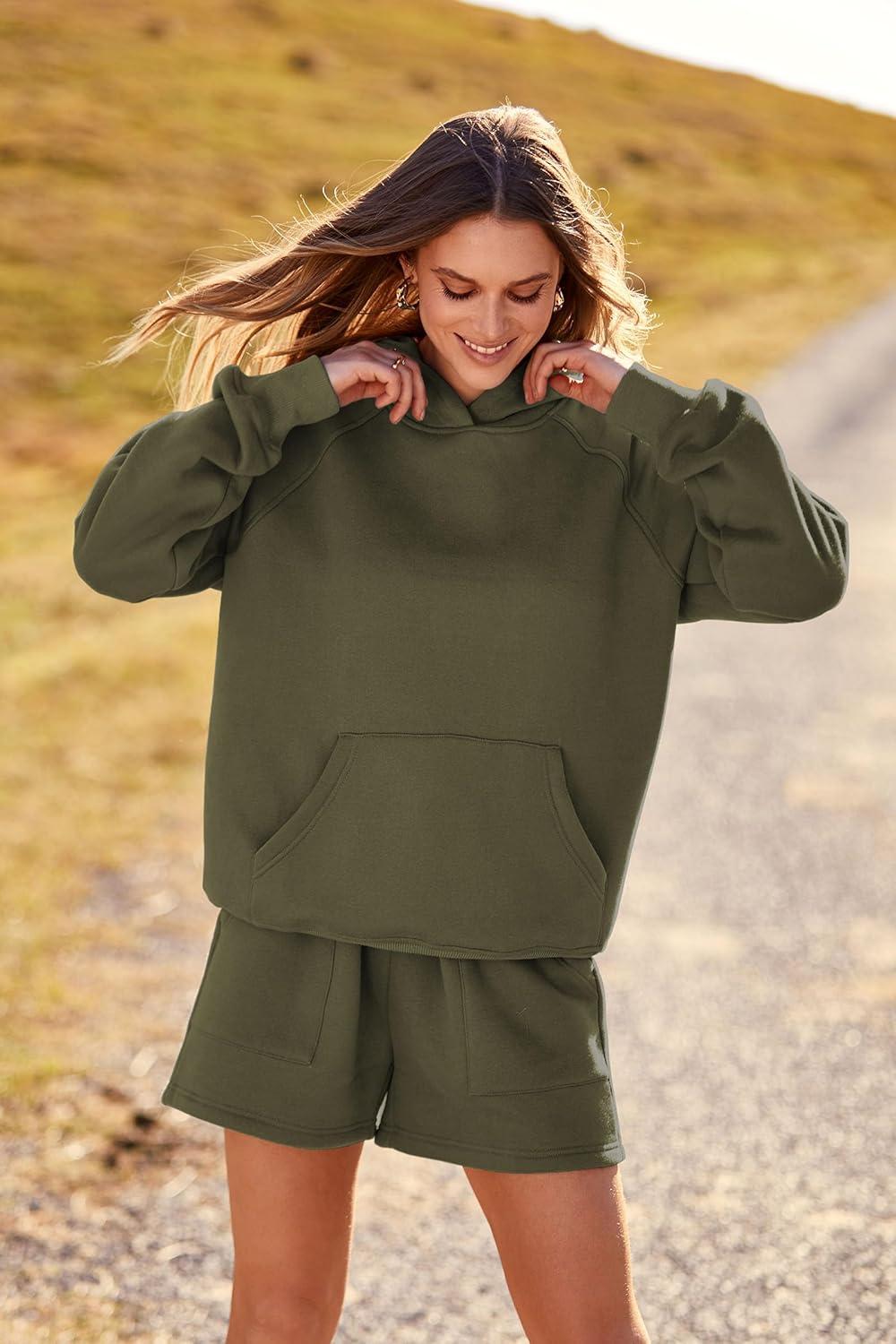 imagePRETTYGARDEN Womens 2024 Fall Fashion Clothes Hoodie Sweatshirt And Lounge Shorts Tracksuit Sets Outfits Army GreenLarge