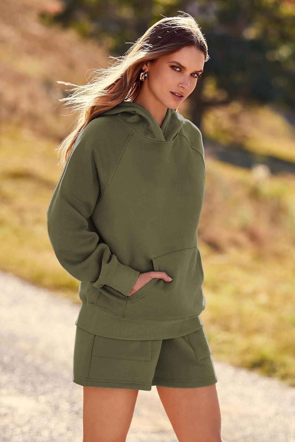 imagePRETTYGARDEN Womens 2024 Fall Fashion Clothes Hoodie Sweatshirt And Lounge Shorts Tracksuit Sets Outfits Army GreenLarge