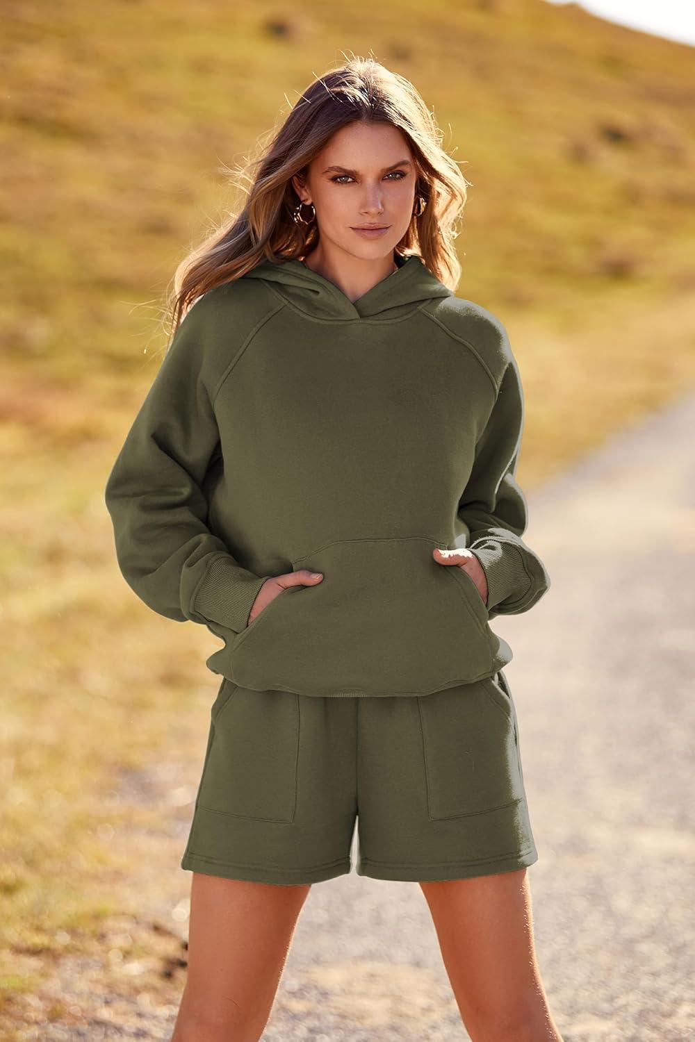 imagePRETTYGARDEN Womens 2024 Fall Fashion Clothes Hoodie Sweatshirt And Lounge Shorts Tracksuit Sets Outfits Army GreenLarge