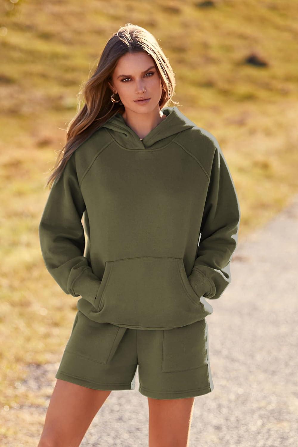 imagePRETTYGARDEN Womens 2024 Fall Fashion Clothes Hoodie Sweatshirt And Lounge Shorts Tracksuit Sets Outfits Army GreenLarge