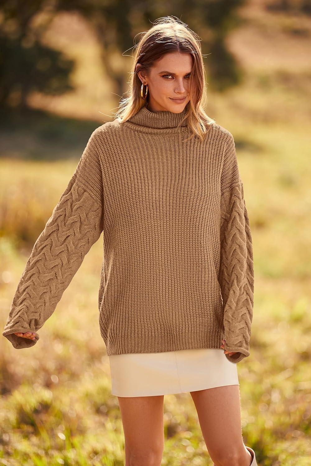 imagePRETTYGARDEN Womens 2024 Fall Fashion Pullover Sweaters Turtleneck Long Sleeve Cable Knit Sweater Casual Chunky Jumper Tops