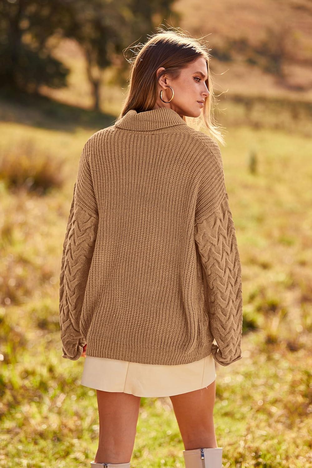 imagePRETTYGARDEN Womens 2024 Fall Fashion Pullover Sweaters Turtleneck Long Sleeve Cable Knit Sweater Casual Chunky Jumper Tops