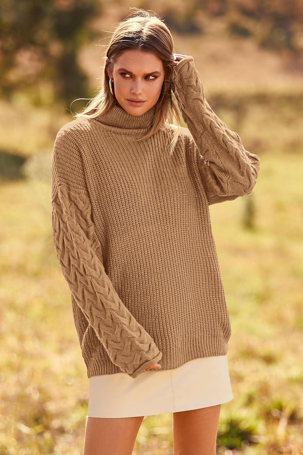 imagePRETTYGARDEN Womens 2024 Fall Fashion Pullover Sweaters Turtleneck Long Sleeve Cable Knit Sweater Casual Chunky Jumper Tops