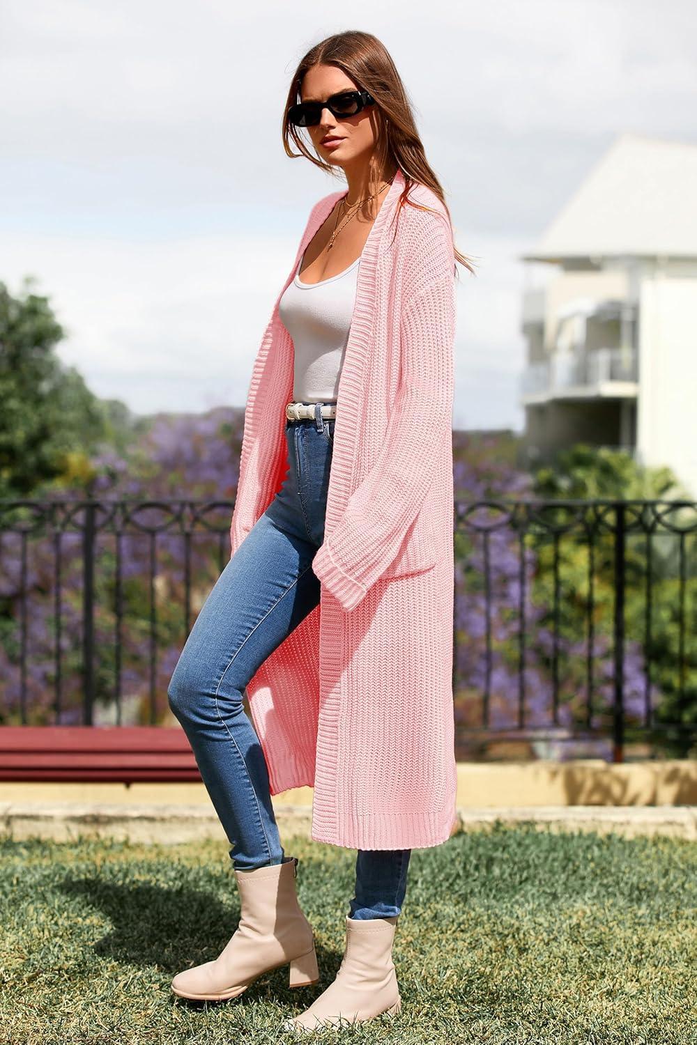 imagePRETTYGARDEN Womens 2024 Fall Long Cardigan Sweaters Open Front Long Sleeve Loose Fit Pockets Knit Sweater Coat Outerwear