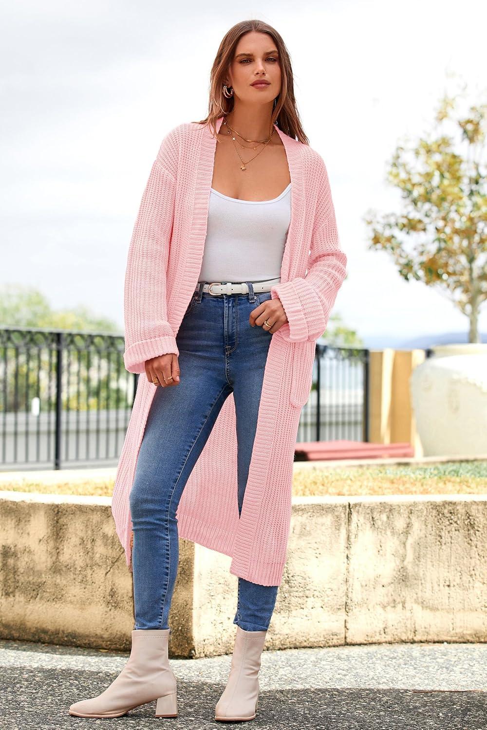 imagePRETTYGARDEN Womens 2024 Fall Long Cardigan Sweaters Open Front Long Sleeve Loose Fit Pockets Knit Sweater Coat Outerwear