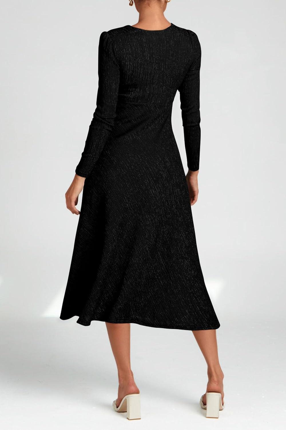 imagePRETTYGARDEN Womens 2024 Fall Midi Dress Casual Long Sleeve V Neck Cocktail Party A Line Flowy Dresses BlackSmall