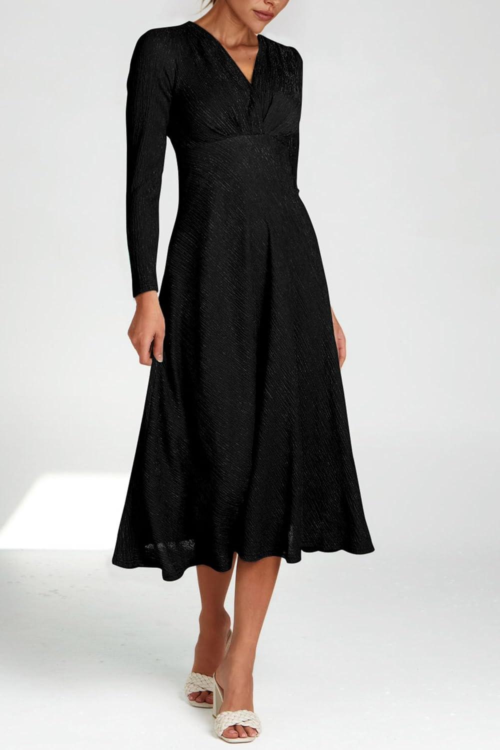 imagePRETTYGARDEN Womens 2024 Fall Midi Dress Casual Long Sleeve V Neck Cocktail Party A Line Flowy Dresses BlackSmall