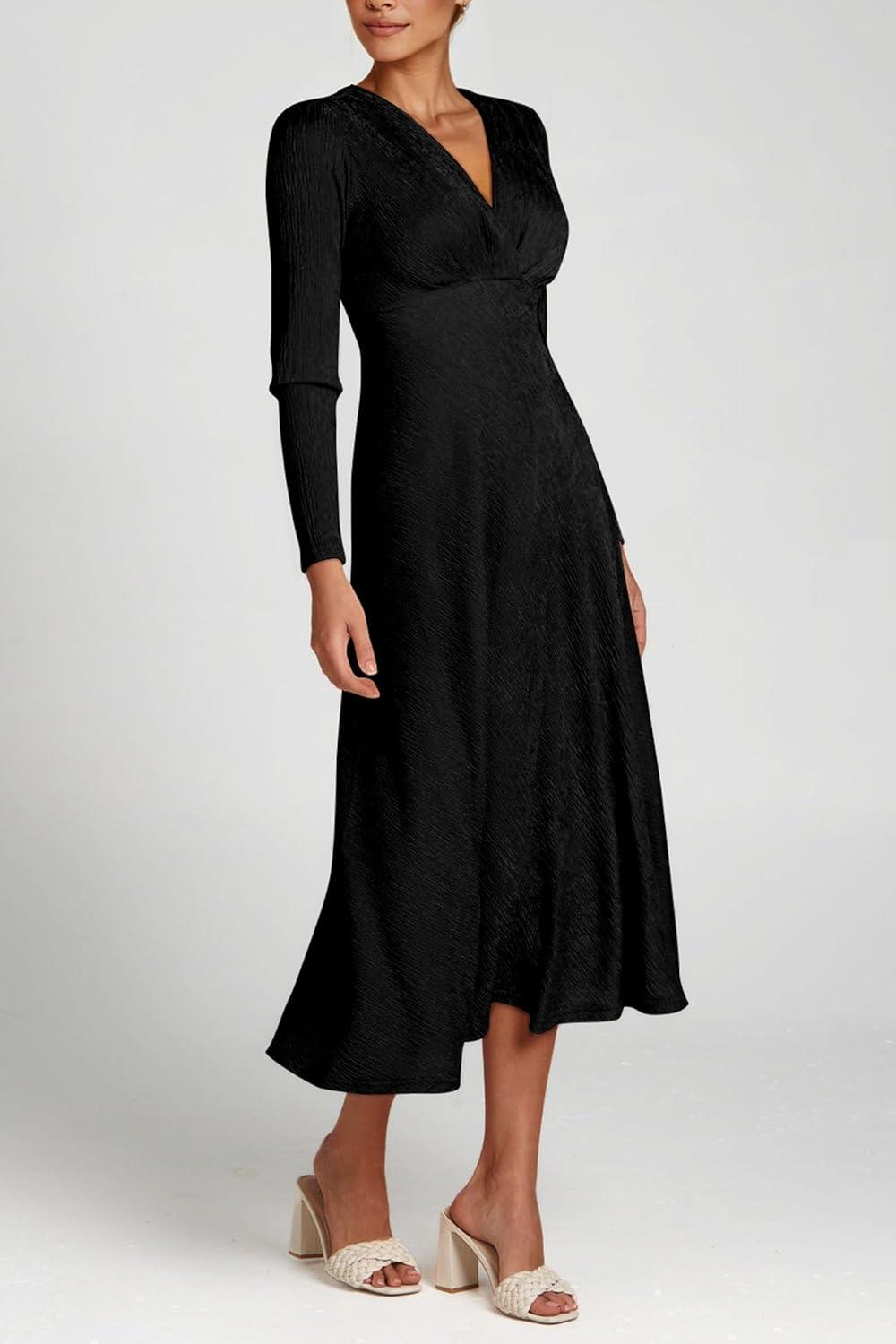 imagePRETTYGARDEN Womens 2024 Fall Midi Dress Casual Long Sleeve V Neck Cocktail Party A Line Flowy Dresses BlackSmall