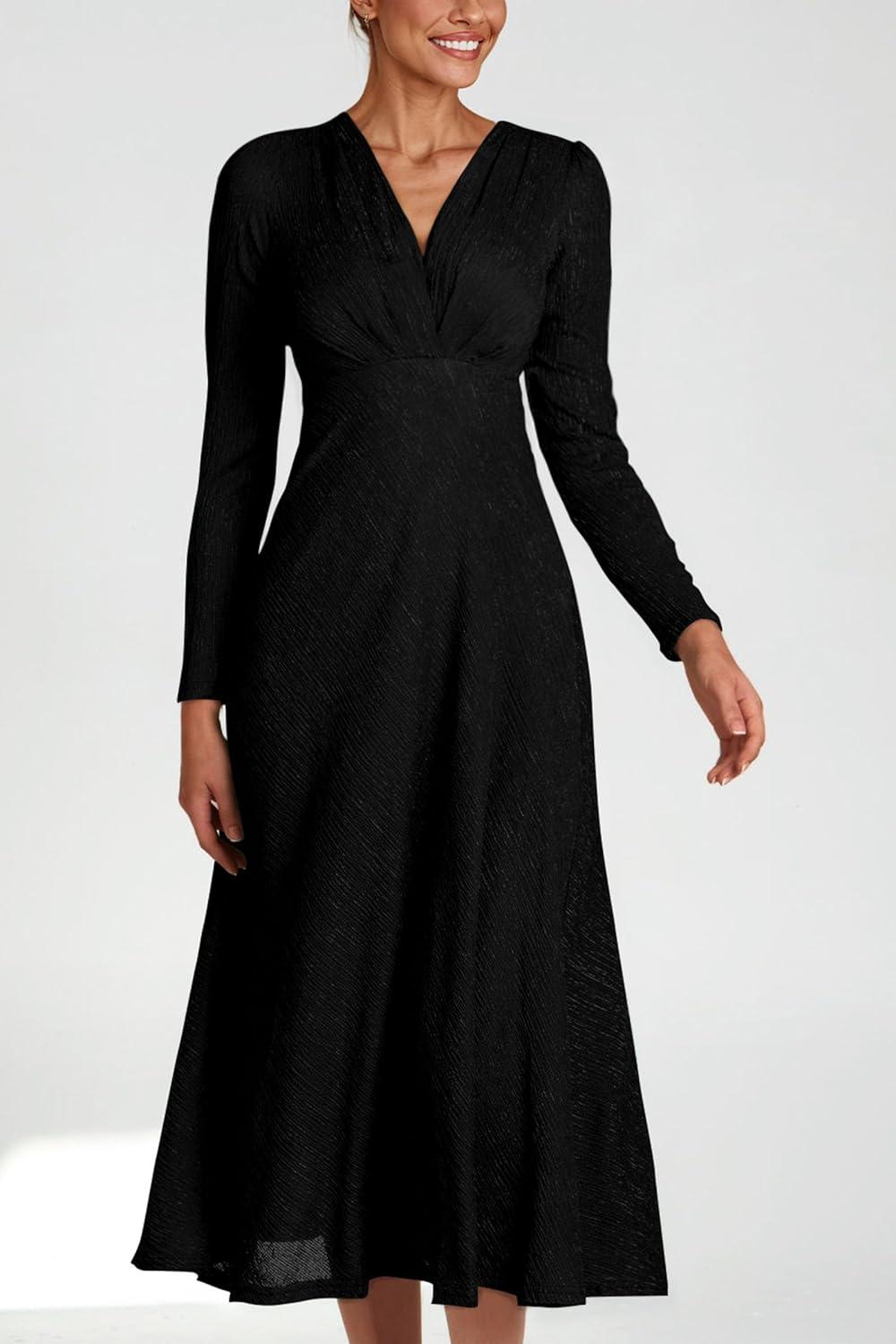 imagePRETTYGARDEN Womens 2024 Fall Midi Dress Casual Long Sleeve V Neck Cocktail Party A Line Flowy Dresses BlackSmall