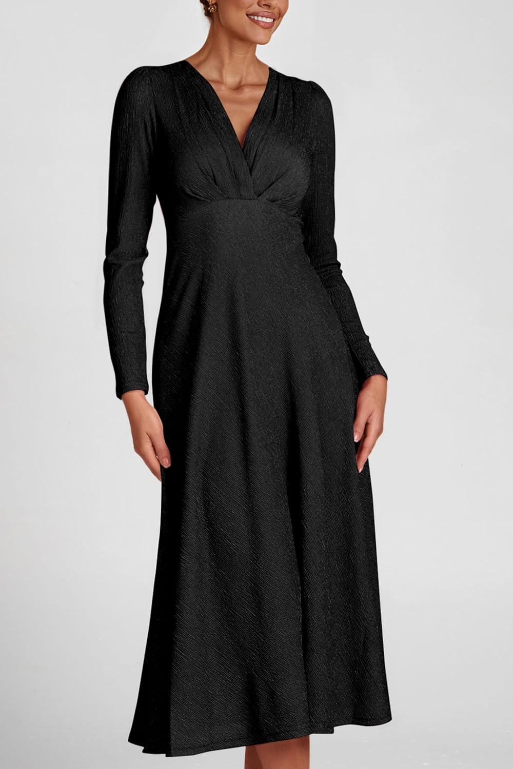 imagePRETTYGARDEN Womens 2024 Fall Midi Dress Casual Long Sleeve V Neck Cocktail Party A Line Flowy Dresses BlackSmall