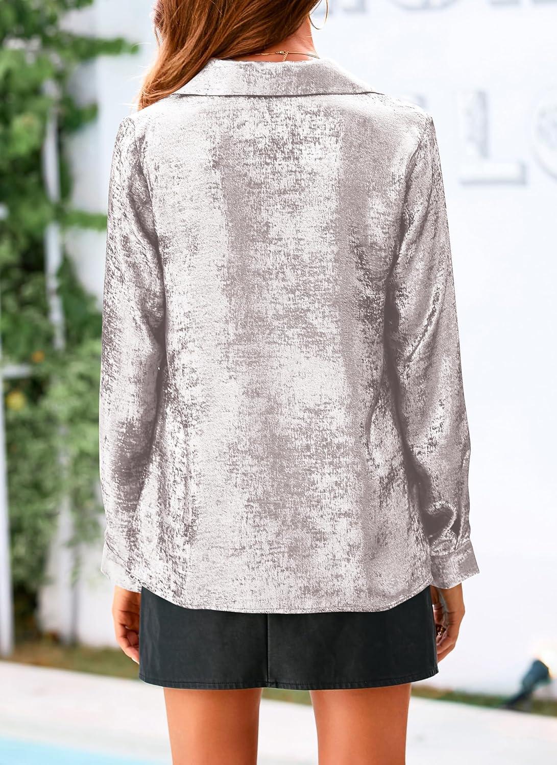 imagePRETTYGARDEN Womens Long Sleeve Button Down Shirts Collared V Neck Sparkly Glitter Shiny Dressy Fashion Party Blouse Tops WhiteMedium