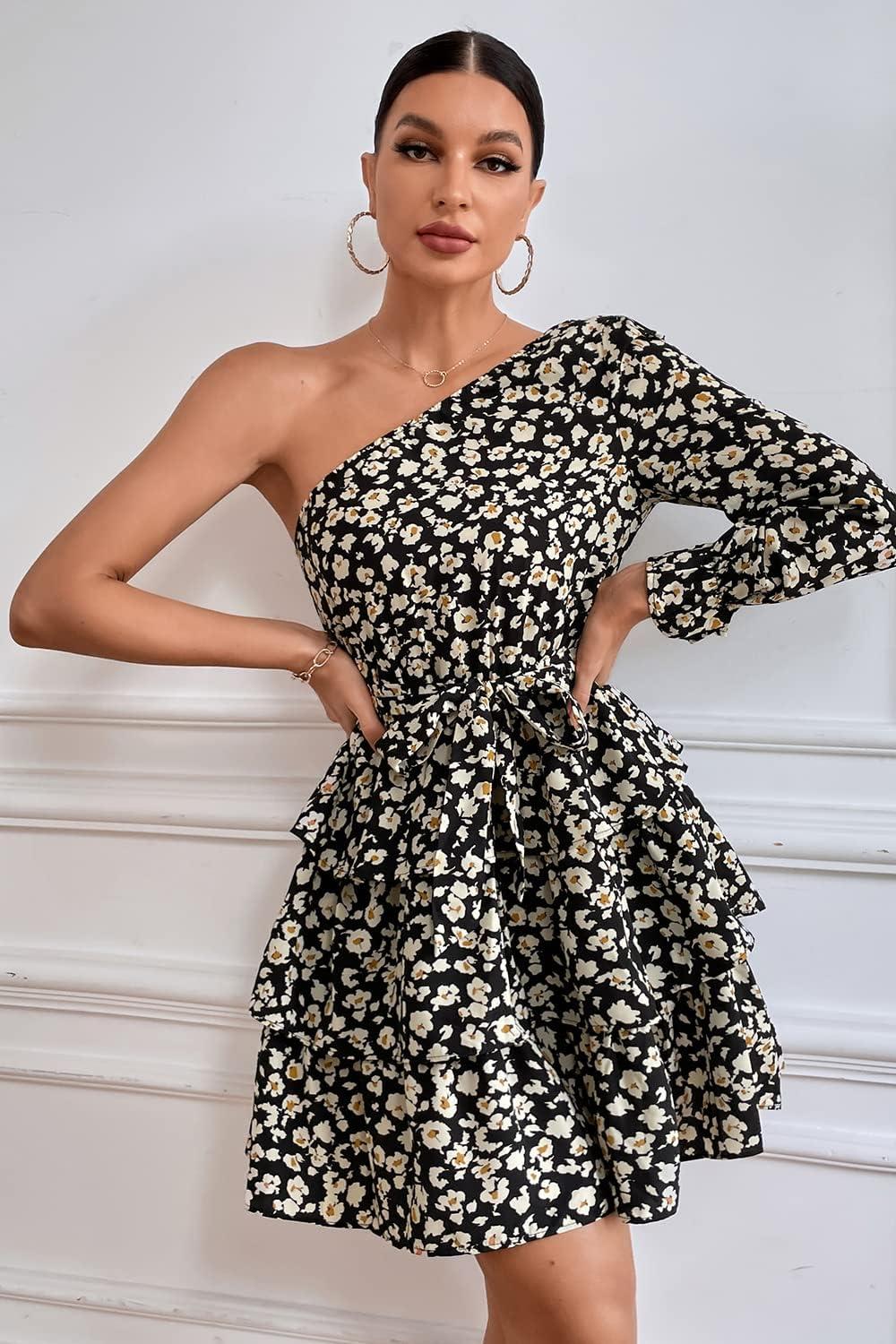 imagePRETTYGARDEN Womens One Shoulder Boho Floral Dress Elastic Waist Tiered Ruffle A Line Flowy Mini Belted Dresses Floral Black ApricotLarge