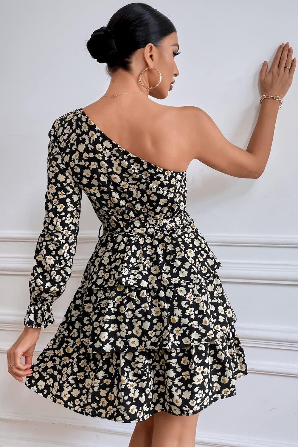 imagePRETTYGARDEN Womens One Shoulder Boho Floral Dress Elastic Waist Tiered Ruffle A Line Flowy Mini Belted Dresses Floral Black ApricotLarge