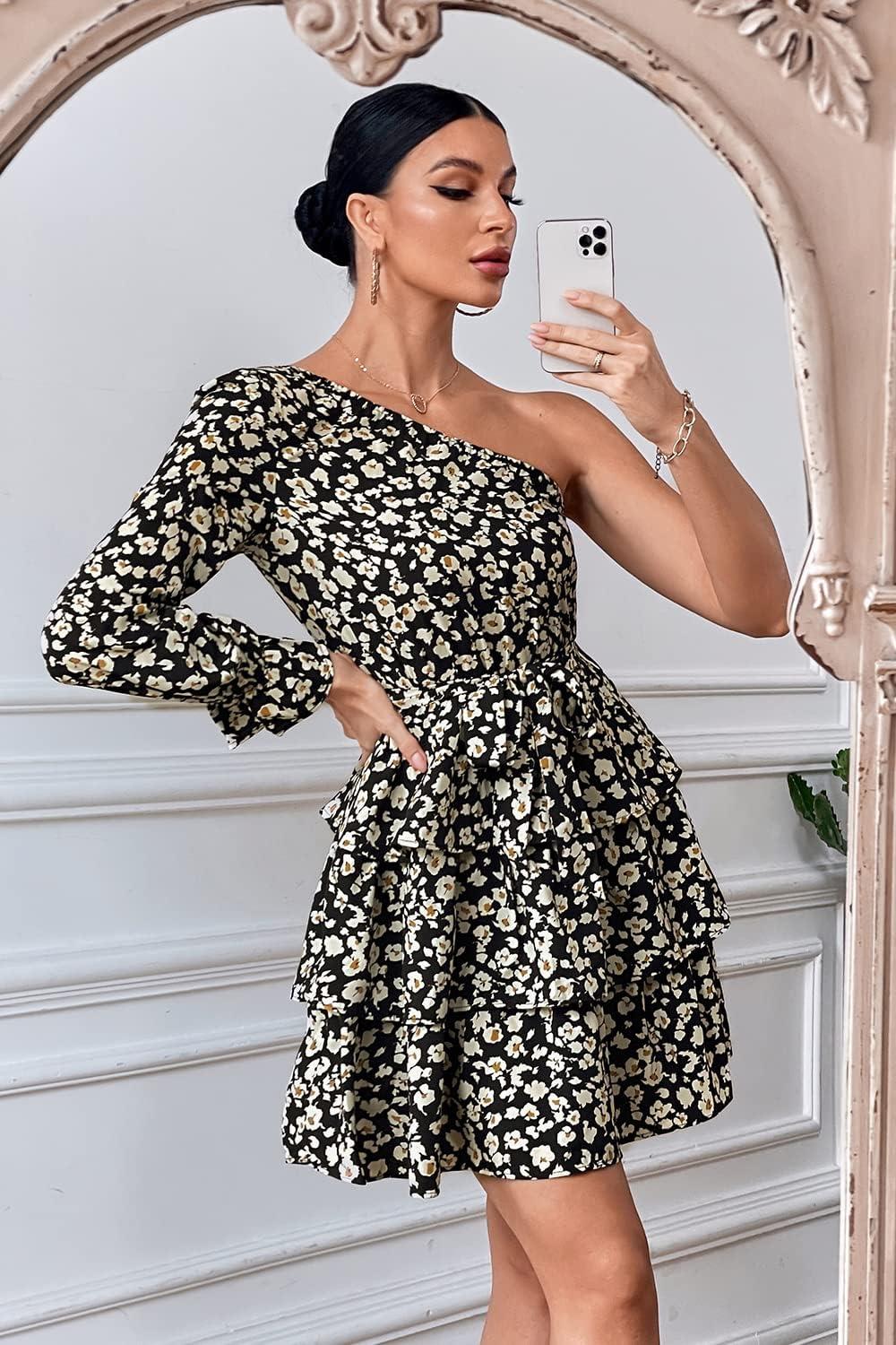 imagePRETTYGARDEN Womens One Shoulder Boho Floral Dress Elastic Waist Tiered Ruffle A Line Flowy Mini Belted Dresses Floral Black ApricotLarge