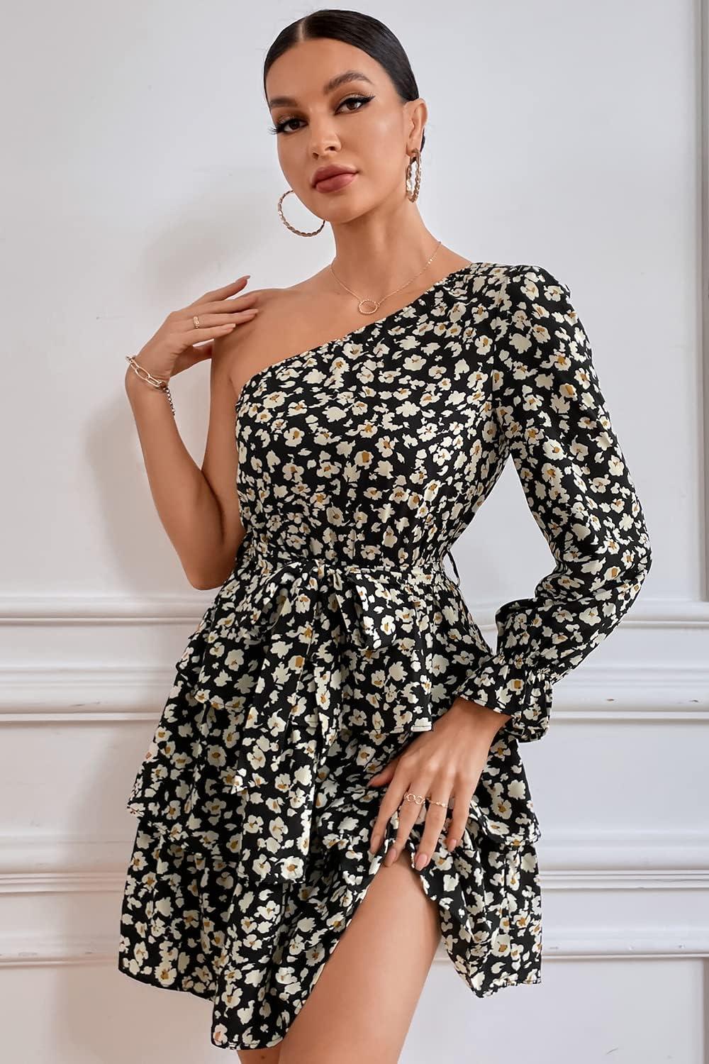 imagePRETTYGARDEN Womens One Shoulder Boho Floral Dress Elastic Waist Tiered Ruffle A Line Flowy Mini Belted Dresses Floral Black ApricotLarge