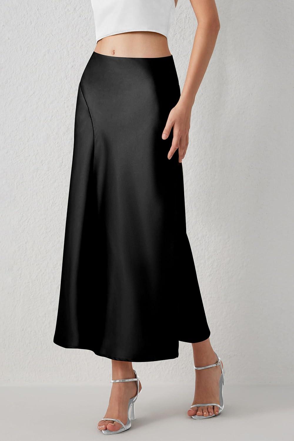imagePRETTYGARDEN Womens Satin Midi Skirts 2024 Summer High Waisted A Line Elegant Cocktail Party Long Silk Skirt