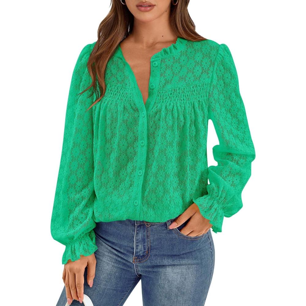 imagePRETTYGARDEN Lace Long Sleeve Shirts Casual Button Down Going Out Tops Hollow Out Eyelet Blouses 2026 Spring Fashion ClothingBright GreenMedium