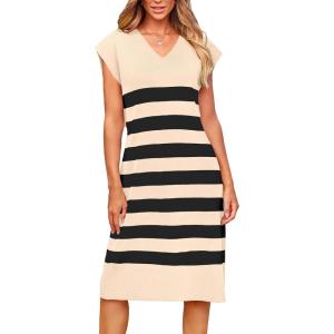 PRETTYGARDEN Summer Dress for Women Casual Sleeveless V Neck Striped Short Beach Dresses (Apricot,Medium)