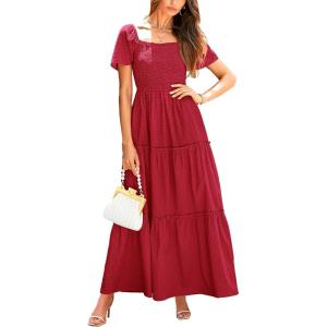 PRETTYGARDEN Summer Maxi Dress for Women Short Sleeve Square Neck Smocked Tiered Ruffle Long Swing Boho Dresses with Pockets (Red,Medium)