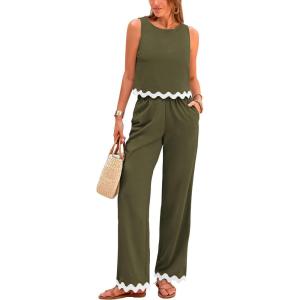 PRETTYGARDEN Women’s 2 Piece Outfits Smmer Casual Sleeveless Tank Crop Top Pants Sets Tracksuit