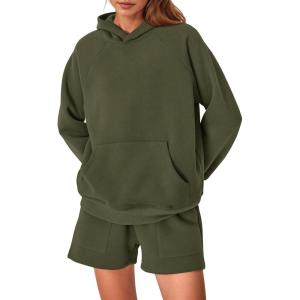 PRETTYGARDEN Women’s 2024 Fall Fashion Clothes Hoodie Sweatshirt And Lounge Shorts Tracksuit Sets Outfits (Army Green,Large)