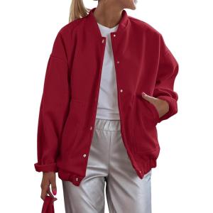 PRETTYGARDEN Women’s 2024 Fall Varsity Bomber Jackets Casual Baseball Collar Button Down Coats Outerwear (Red,Medium)