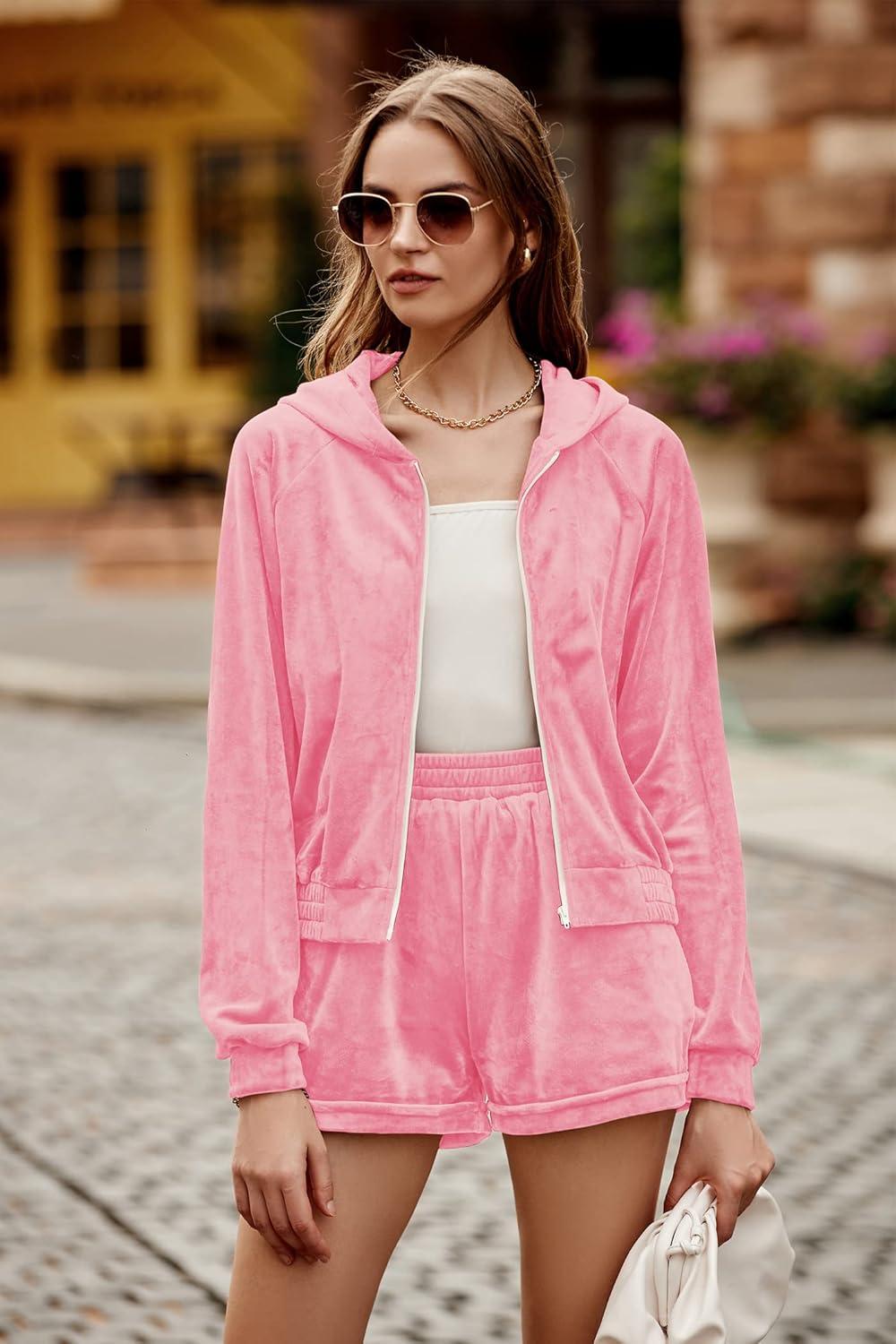 imagePRETTYGARDEN Womens 2 Piece Velour Tracksuit Casual Long Sleeve Zip Up Hoodie And Shorts Set Jogger Outfits Rose PinkMedium