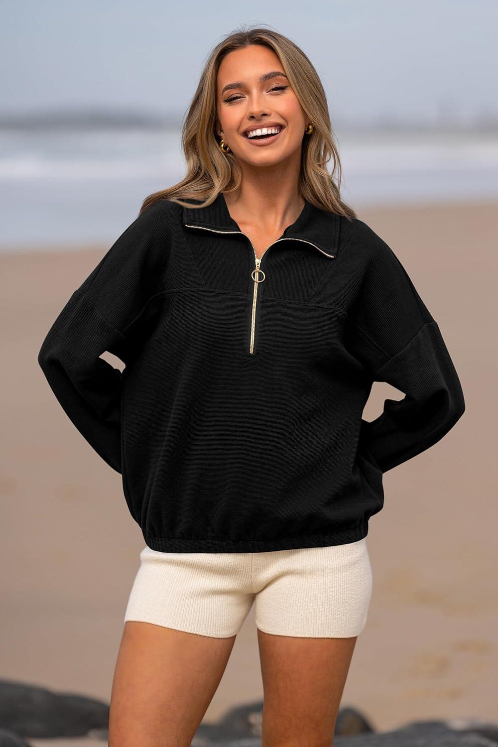 imagePRETTYGARDEN Womens 2024 Fall Sweatshirt Half Zip Collar Pullover Tops Oversized Long Sleeve Plain Casual Jacket Clothes