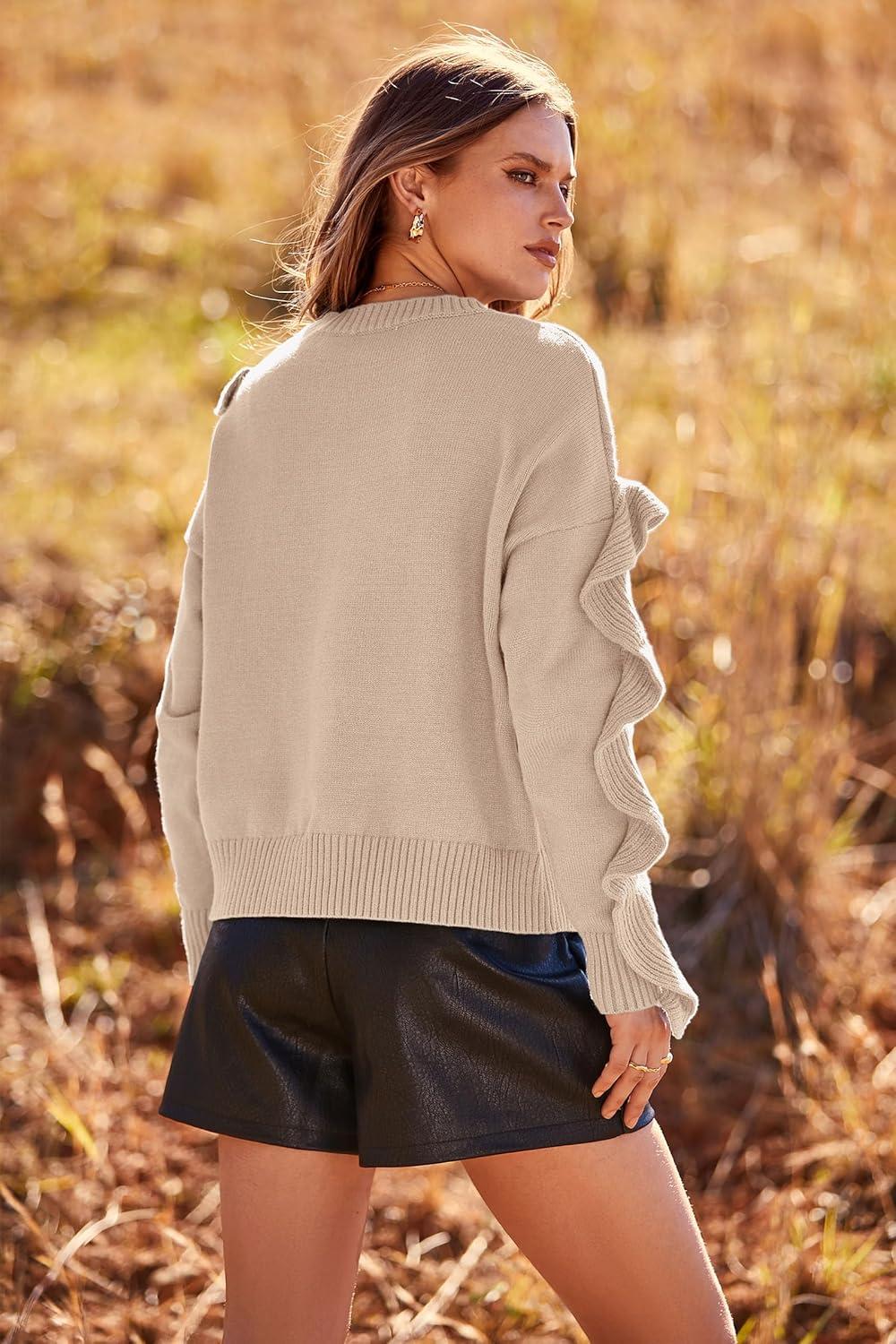 imagePRETTYGARDEN Womens 2024 Knit Pullover Sweaters Long Sleeve Crewneck Ruffle Loose Jumper Tops Blouses