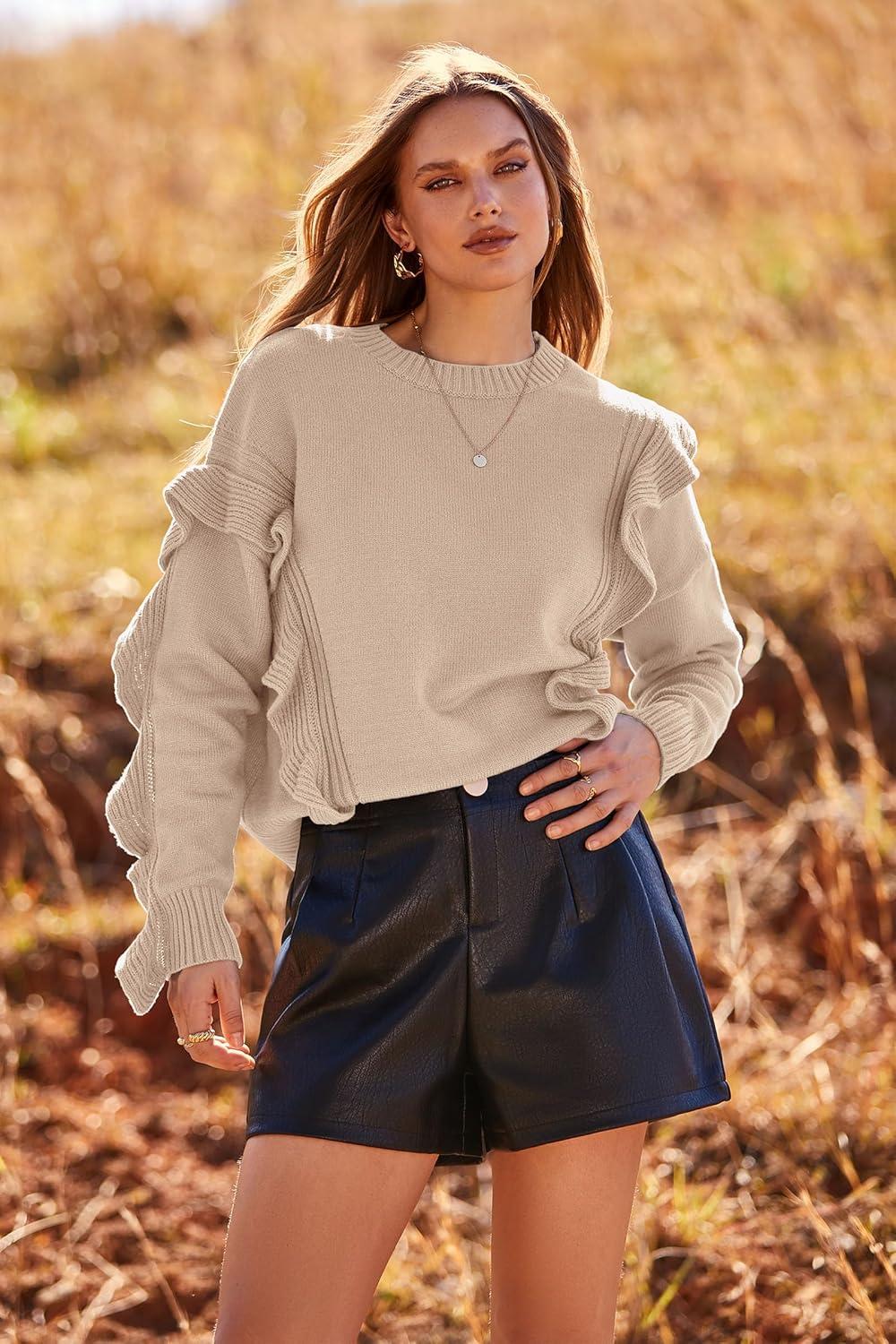 imagePRETTYGARDEN Womens 2024 Knit Pullover Sweaters Long Sleeve Crewneck Ruffle Loose Jumper Tops Blouses