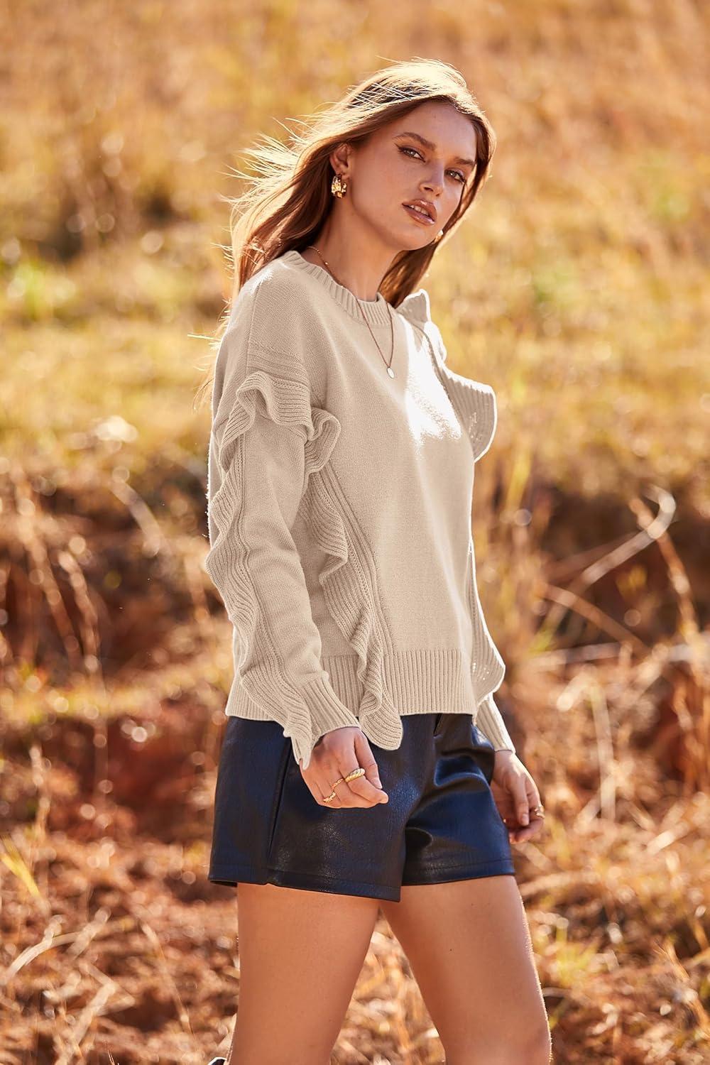 imagePRETTYGARDEN Womens 2024 Knit Pullover Sweaters Long Sleeve Crewneck Ruffle Loose Jumper Tops Blouses
