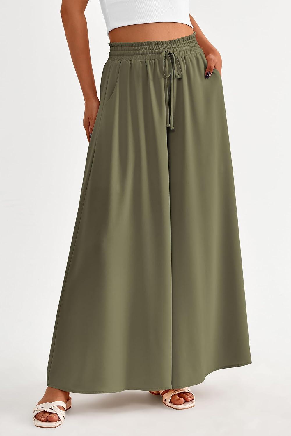 imagePRETTYGARDEN Womens 2026 Summer Wide Leg Palazzo Pants High Waisted Flowy Pockets Trendy Casual Lounge Boho Beach TrousersArmy Green