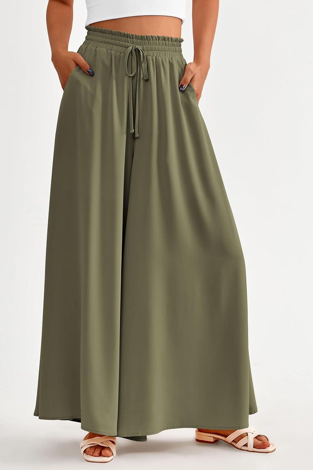 imagePRETTYGARDEN Womens 2026 Summer Wide Leg Palazzo Pants High Waisted Flowy Pockets Trendy Casual Lounge Boho Beach TrousersArmy Green