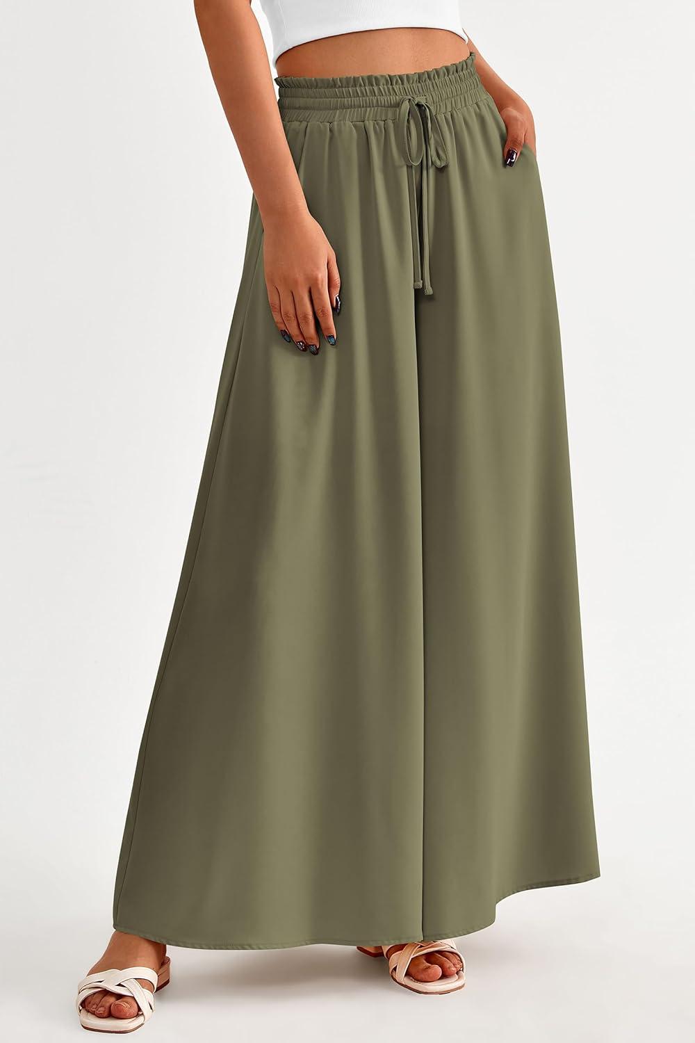imagePRETTYGARDEN Womens 2026 Summer Wide Leg Palazzo Pants High Waisted Flowy Pockets Trendy Casual Lounge Boho Beach TrousersArmy Green