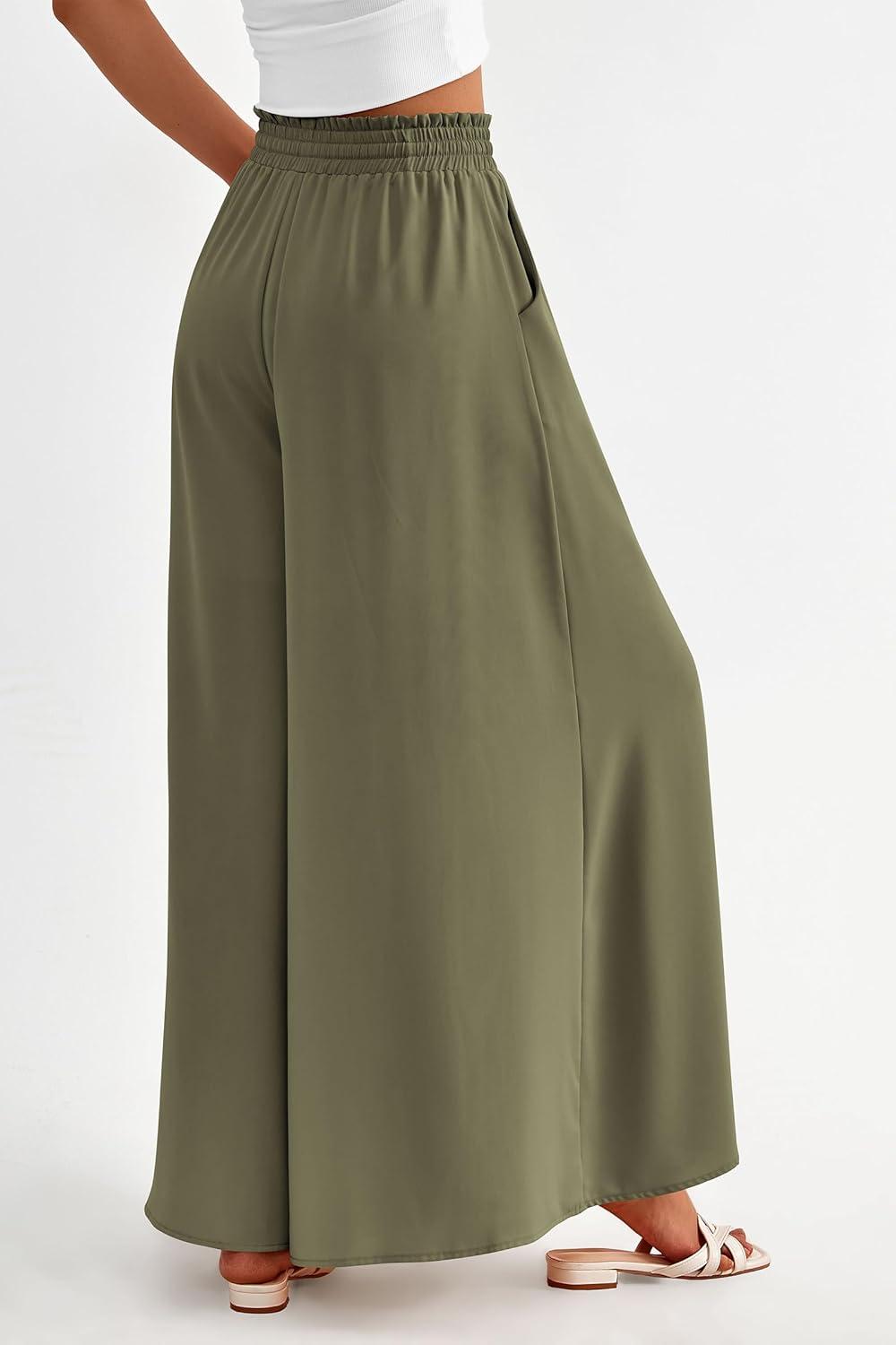 imagePRETTYGARDEN Womens 2026 Summer Wide Leg Palazzo Pants High Waisted Flowy Pockets Trendy Casual Lounge Boho Beach TrousersArmy Green