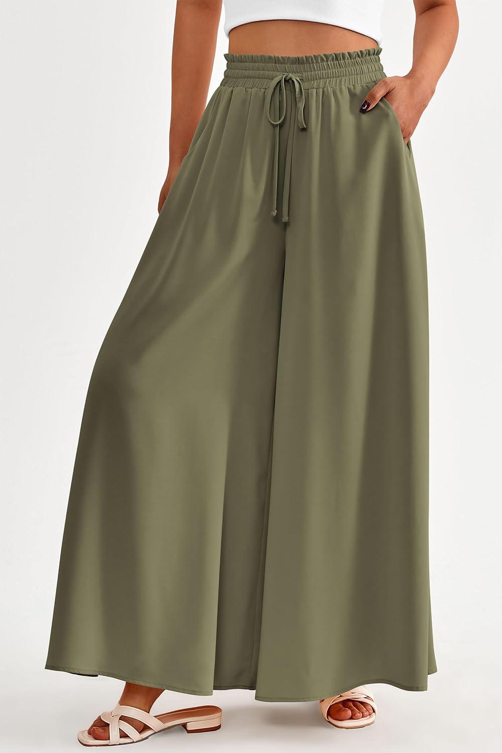 imagePRETTYGARDEN Womens 2026 Summer Wide Leg Palazzo Pants High Waisted Flowy Pockets Trendy Casual Lounge Boho Beach TrousersArmy Green